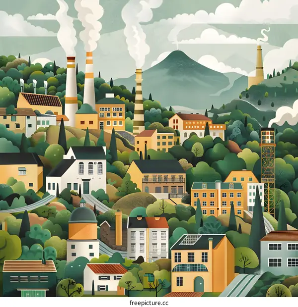 Illustrated Landscape of a Small Town with Factories and Mountains