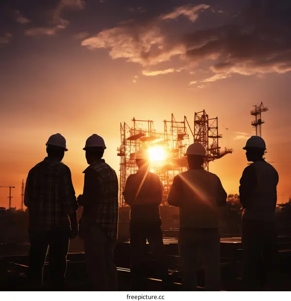 Construction workers looking at the sunset