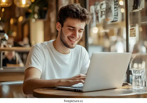 Smiling Man Working On Laptop In Cafe