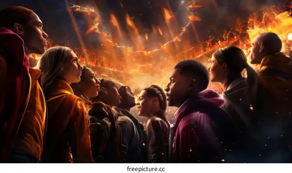 A group of diverse young people looking up in awe at a fiery spectacle in the sky
