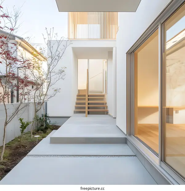 Modern Minimalist House Exterior with Concrete Patio and Wooden Stairs