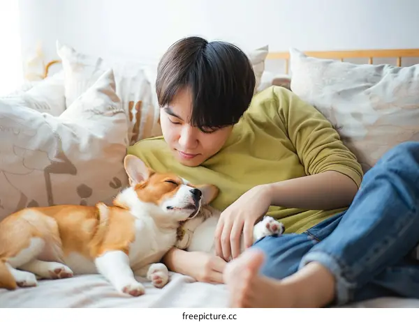 Man Sleeping with Corgi Dog on Bed