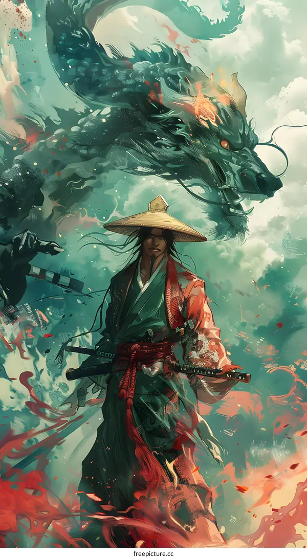A samurai stands in front of a green dragon.