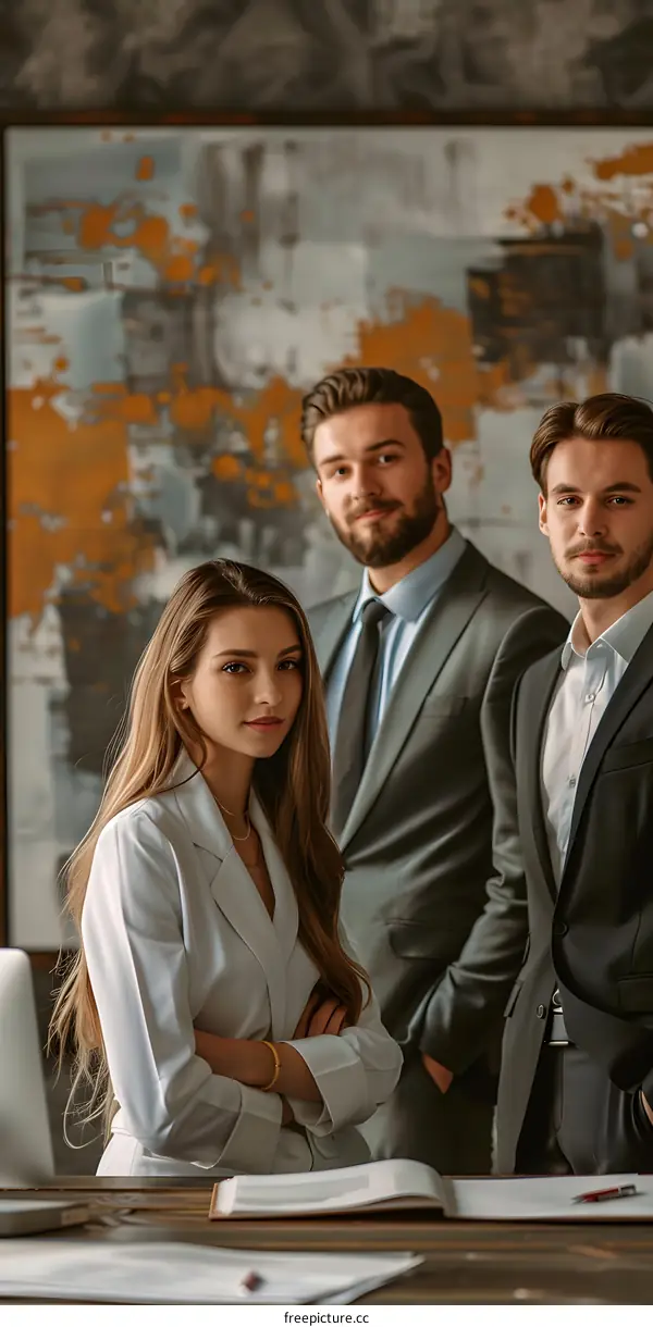 Three business people posing in an office