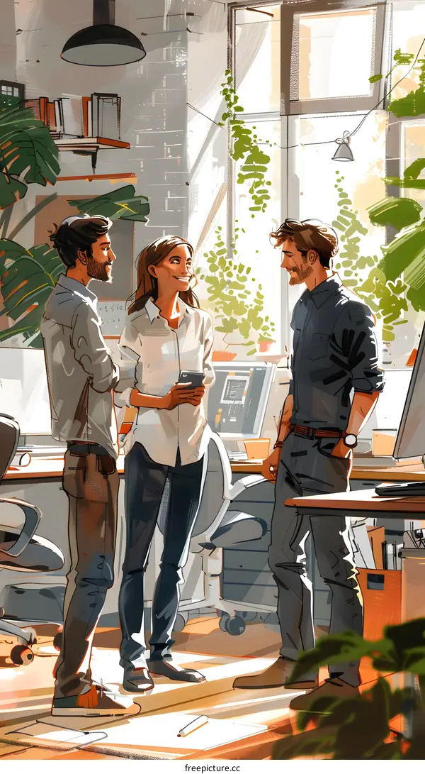 Three business people discussing work in an office