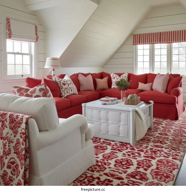 Red and White Living Room with Patterned Rug and Pillows