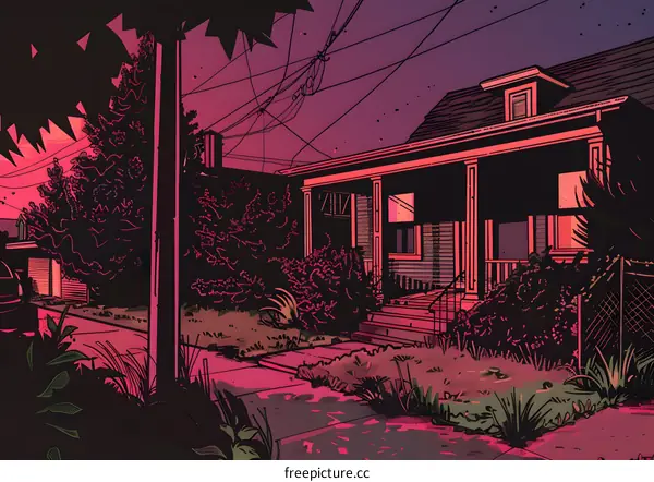 Sunset Illustration of a House with Front Porch