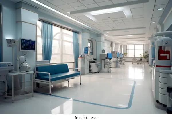 Hospital hallway with blue couch and medical equipment