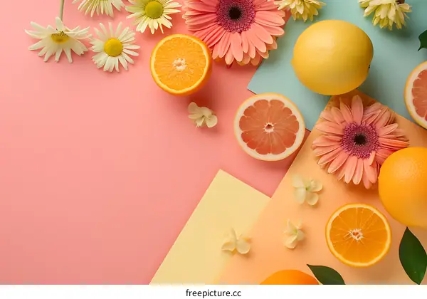 Colorful Summer Fruit and Flower Flat Lay