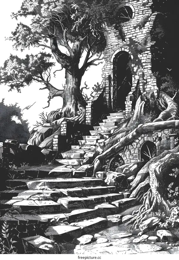 Black and White Illustration of a Stone Ruin with a Tree