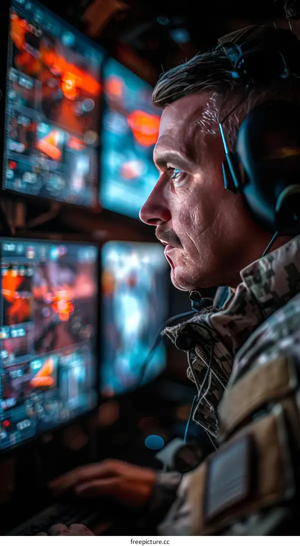 Ukrainian soldier using a computer