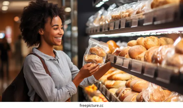 Happy African American Woman Choosing Bread at Grocery Store