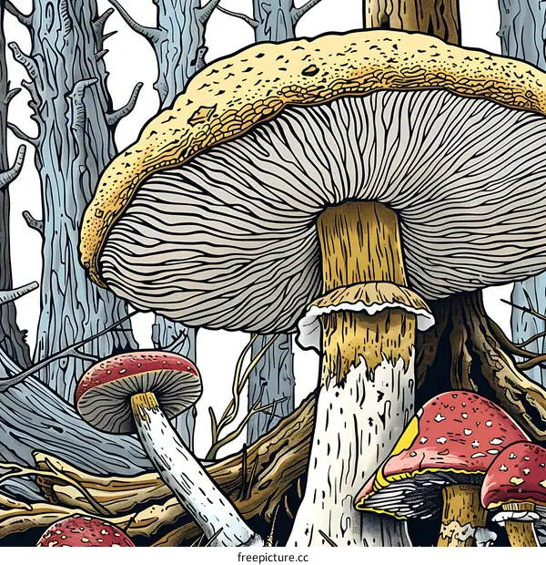 Mushrooms Illustration Forest Scene