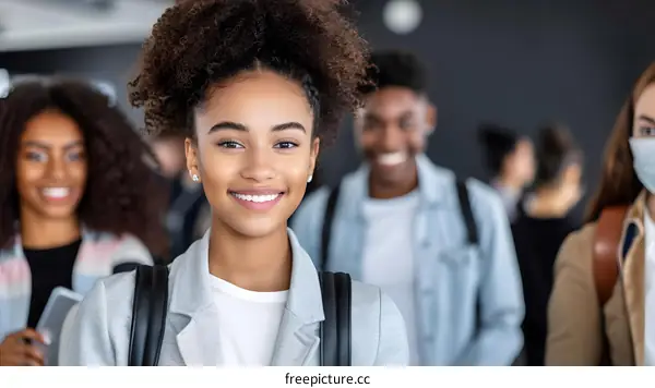 Smiling African American Woman with Friends in Background