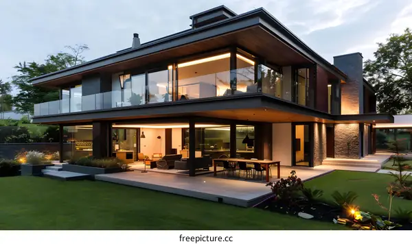 Modern House with Large Glass Windows and Outdoor Patio