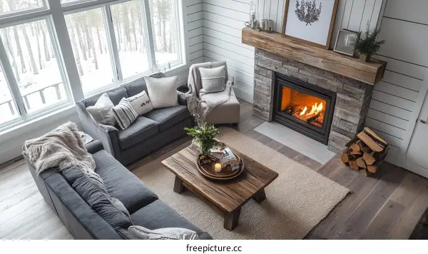 Cozy Winter Living Room with Fireplace and Large Windows