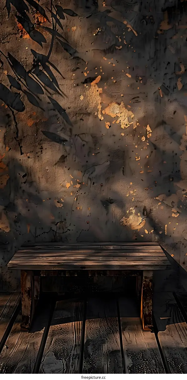 Wooden Bench Against a Rustic Wall with Sunbeams