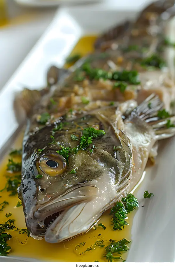 Close-up of a scorpionfish served on a white plate
