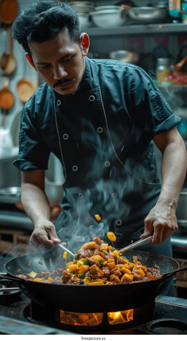 Stir-frying in a hot wok