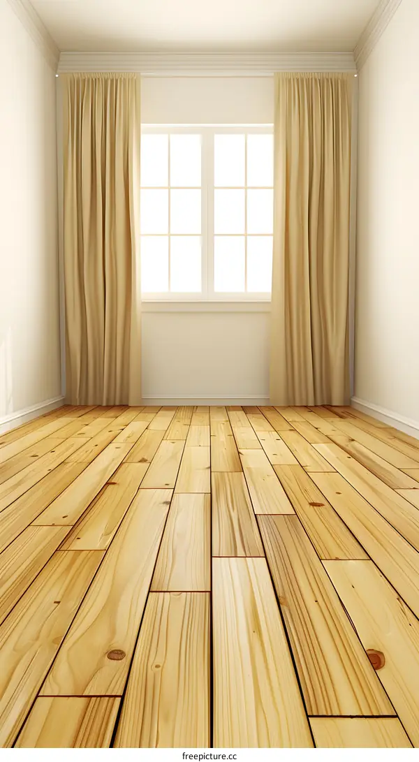 Empty Room With Beige Curtains And Wooden Floor
