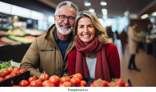 Happy senior couple grocery shopping together