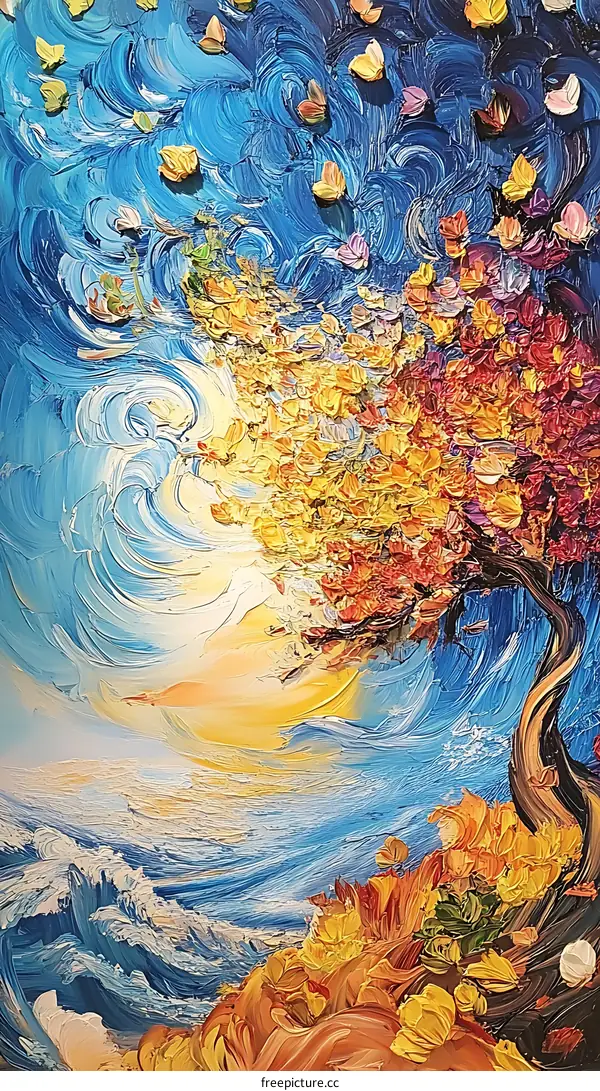 Abstract Oil Painting of a Tree with Flowers and Butterflies