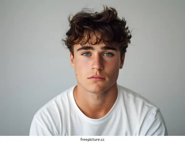 Portrait of a Young Man with Curly Hair and Blue Eyes