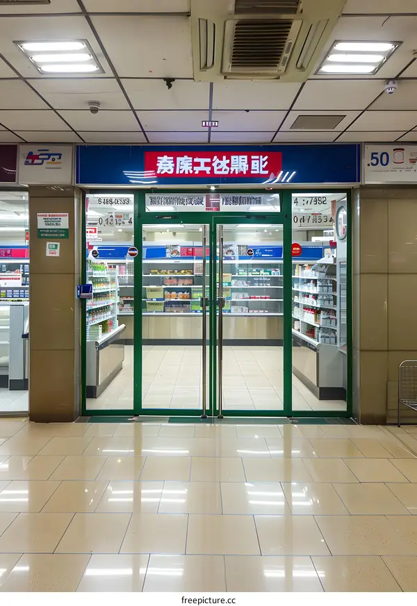 Convenience Store with Green Doors and Shelves