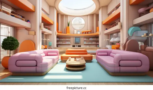 retro futuristic living room interior design