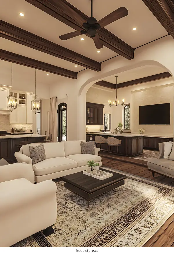 Modern Open Concept Living Room with Wooden Beams