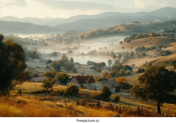Rural mountain landscape with a lake and houses in the valley