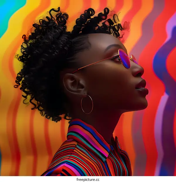 Woman With Curly Hair Wearing Sunglasses and Colorful Shirt Posing Against Abstract Background