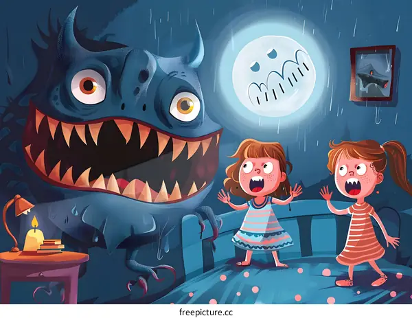Two Girls Afraid Of Monster In The Night