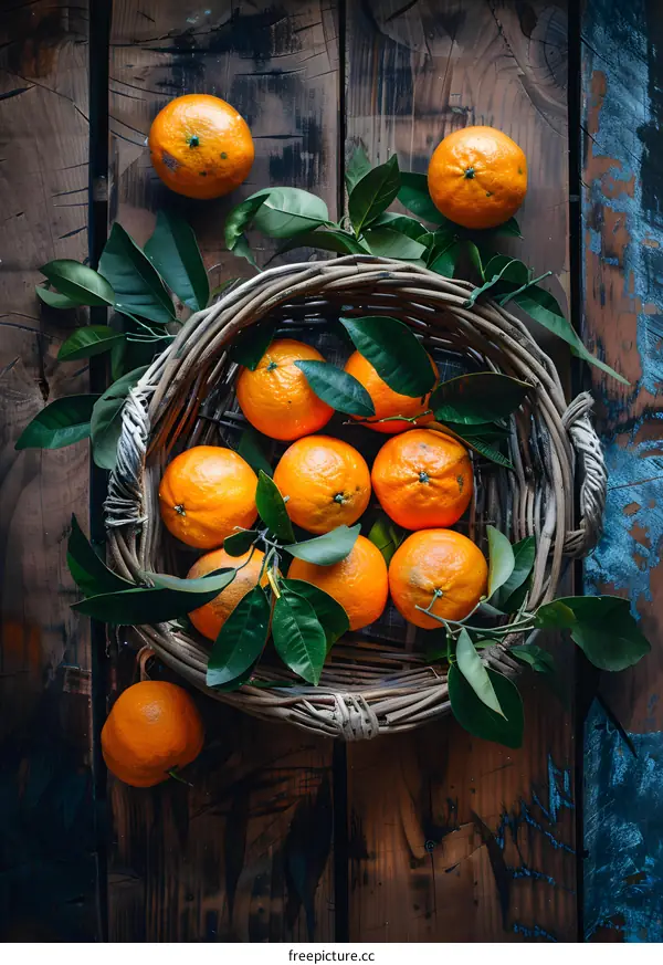 Fresh Oranges in a Basket on a Rustic Wooden Table