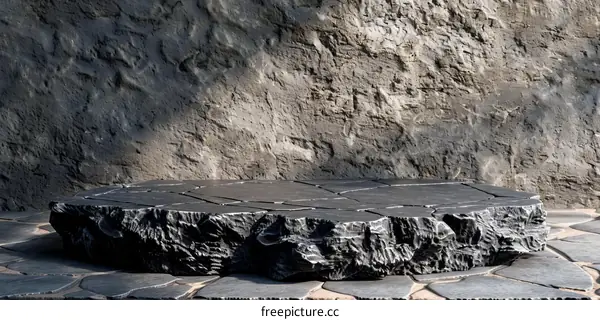 Abstract 3D Black Stone Platform with Stone Tile Floor and Gray Wall