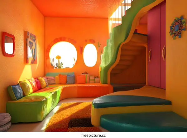 Colorful Interior Design with Curved Sofa and Staircase