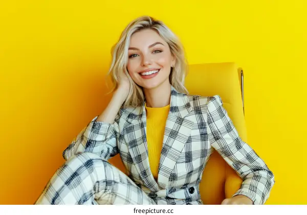 Smiling Woman in Plaid Outfit Against a Yellow Background