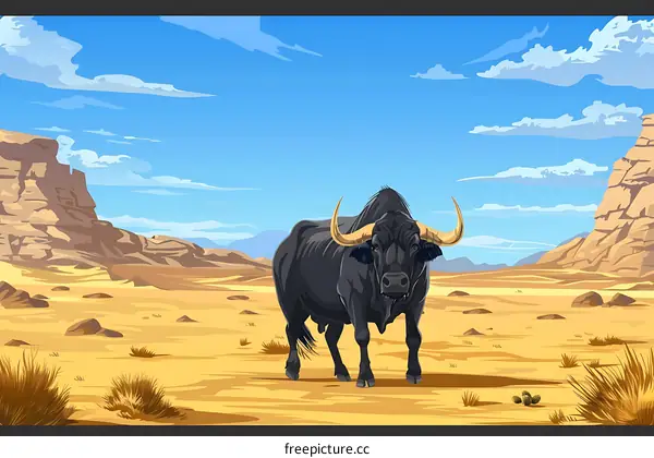 Black Bull In Desert Landscape Illustration