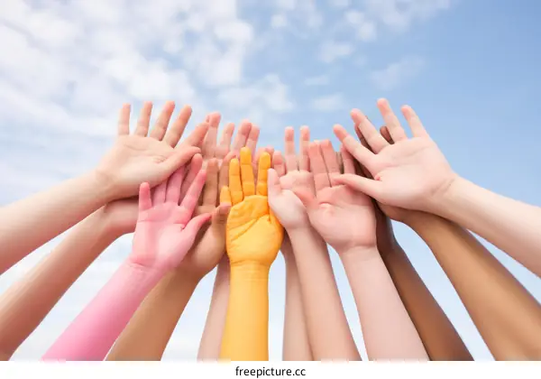 Children of different races raise their hands