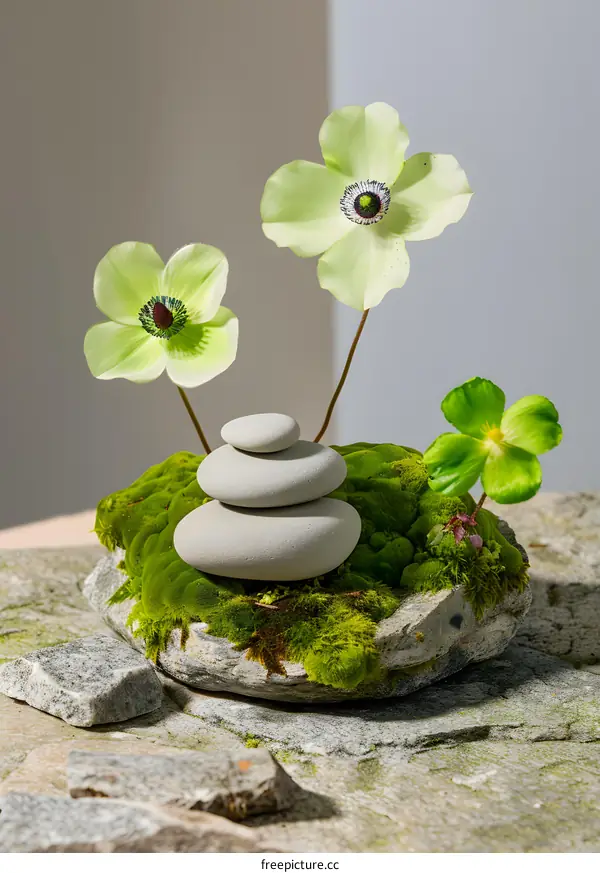 Zen Garden with Stacked Stones and Green Flowers