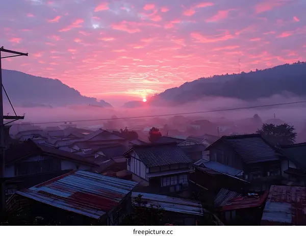 Pink Sunrise over a Japanese Village