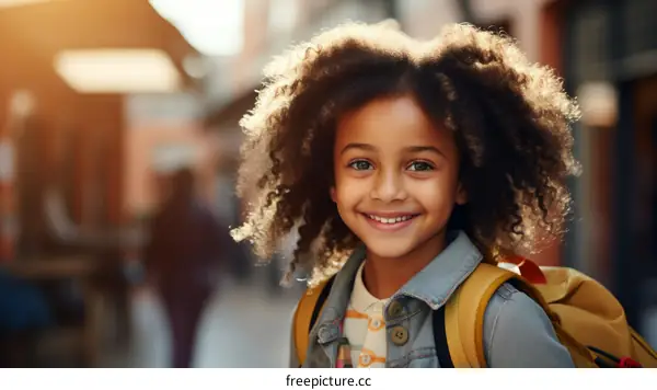 Portrait of a happy young school girl with curly hair smiling