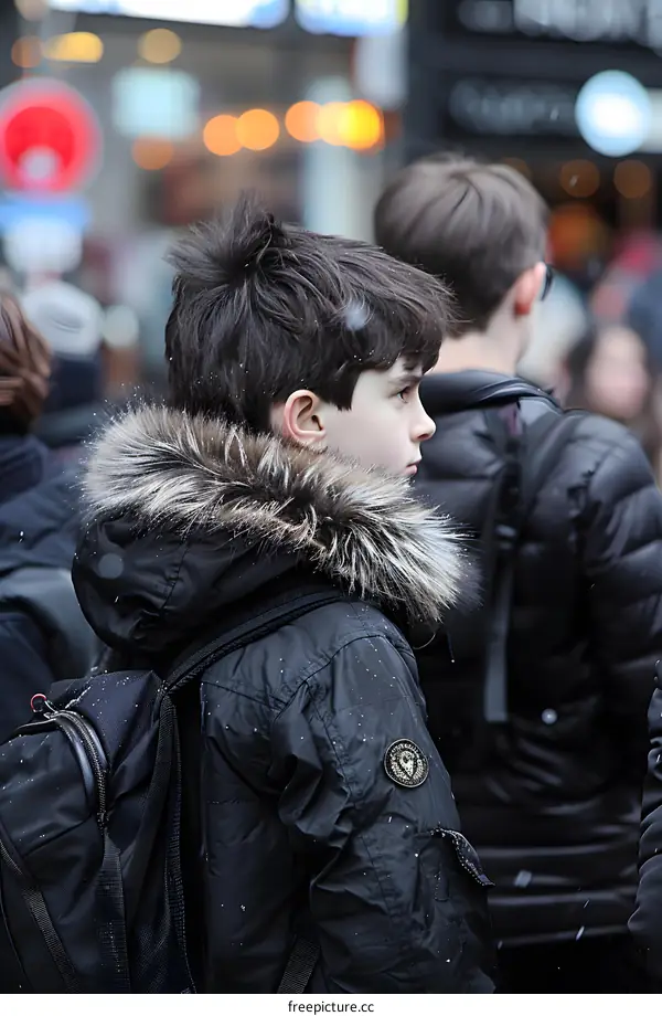 Boy in Black Winter Jacket Looking Away in Crowd