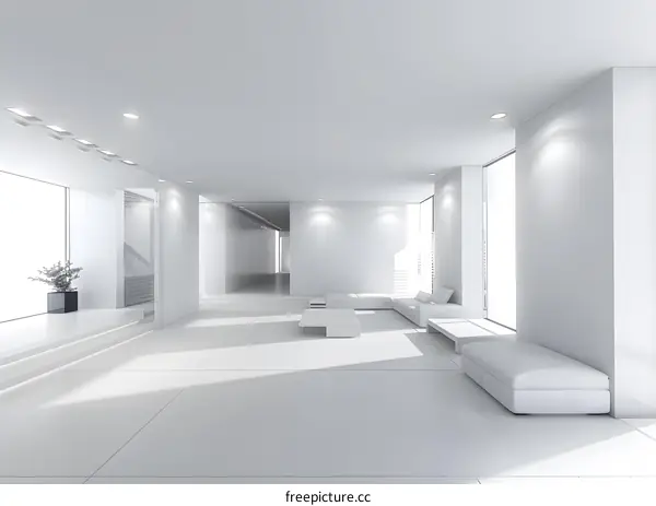 Minimalist Modern Interior Design Living Room With White Sofa And Coffee Table