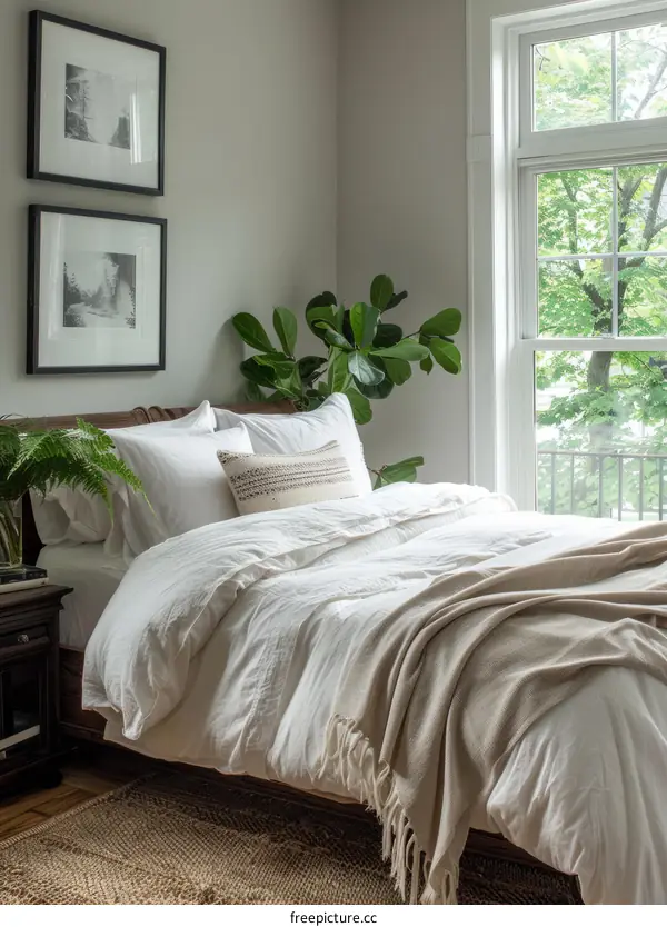 Cozy Bedroom With White Bedding and a Neutral Color Palette