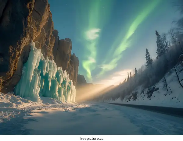 Aurora Borealis Over Snowy Mountain Pass