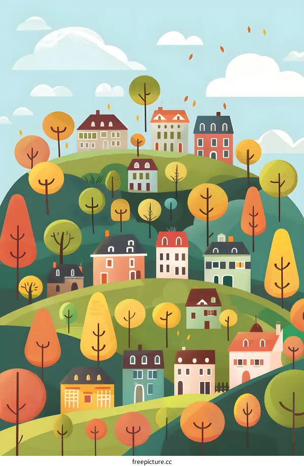 Autumn Village Landscape Illustration