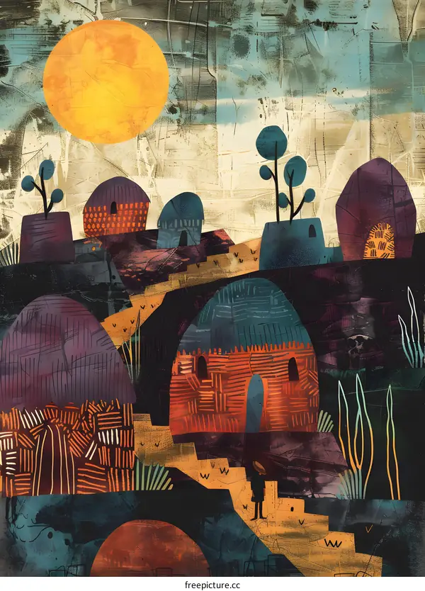 Abstract Art Illustration of African Village Landscape