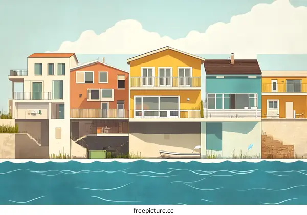 Seafront Houses Illustration With Blue Water