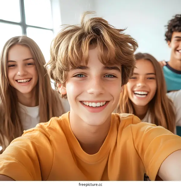 Happy Teenagers Taking Selfie Together Indoor